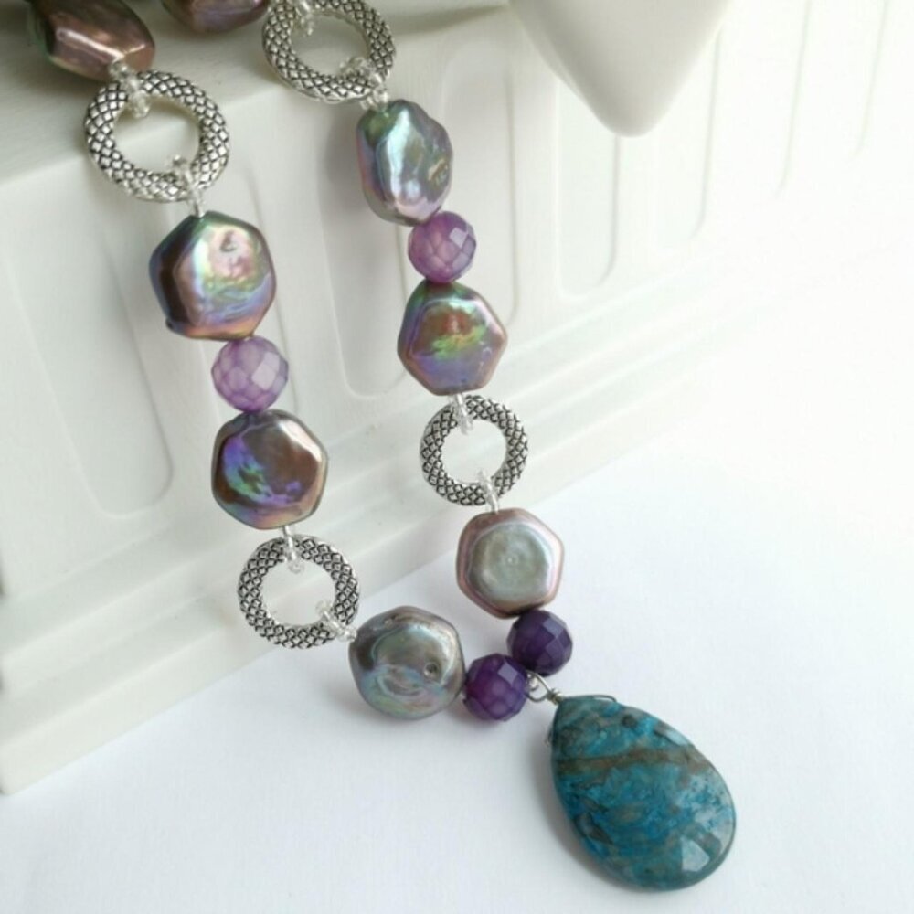 Handmade Peacock coin pearl and quartz necklace